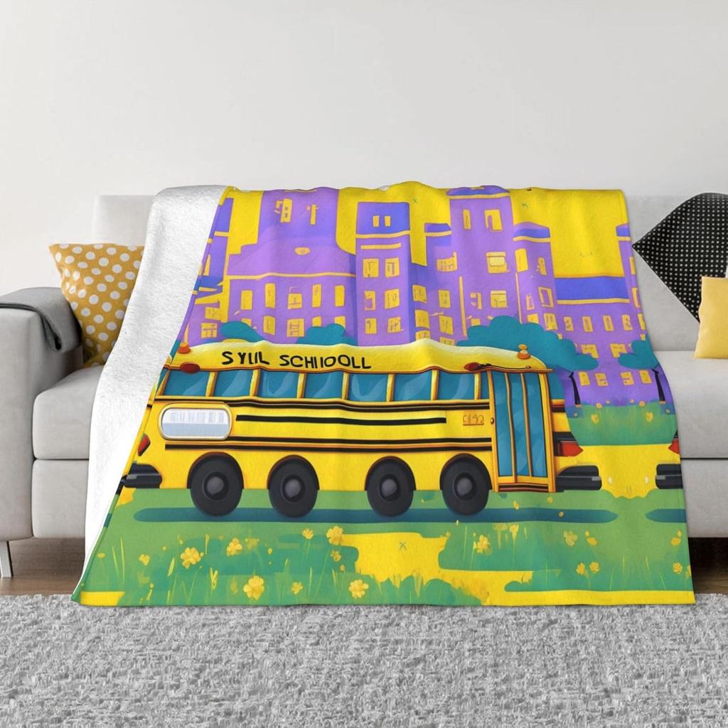 Cute Cartoon Bus Pattern Flannel Throw Blanket King Queen Full Size Super Soft Lightweight Warm for Coach Travel Sofa Blanket