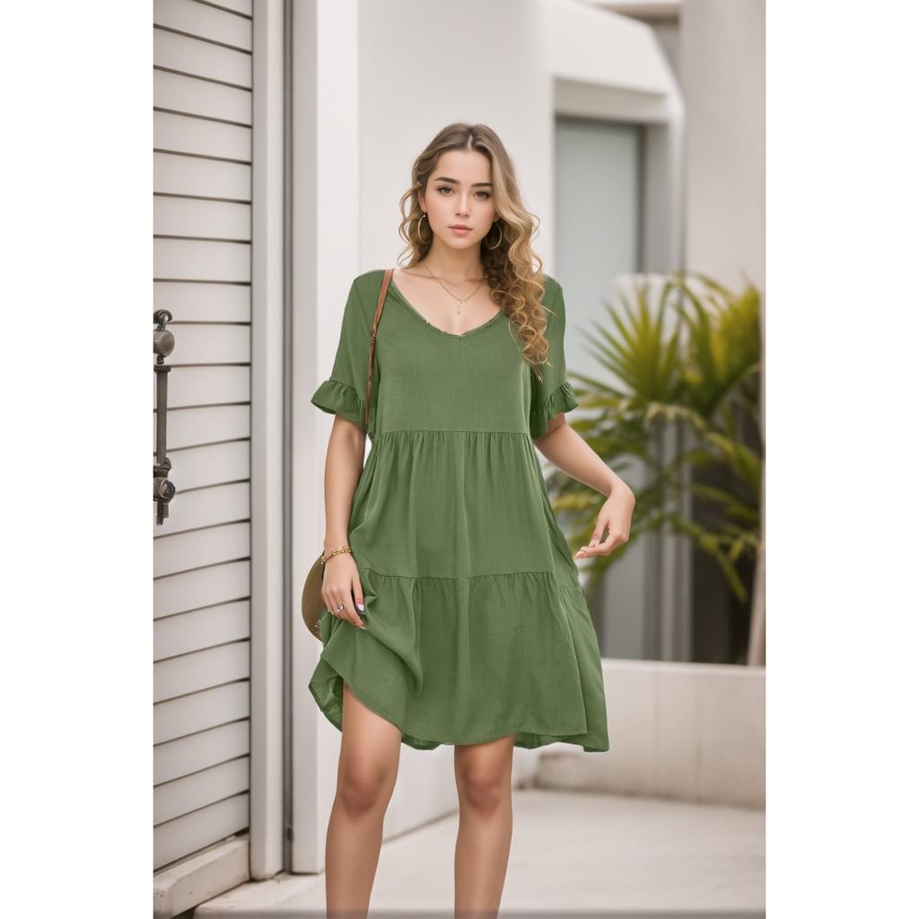 Summer Women's Casual V-Neck Ruffled Babydoll Dress, European American Style Fashion Ladies Dress