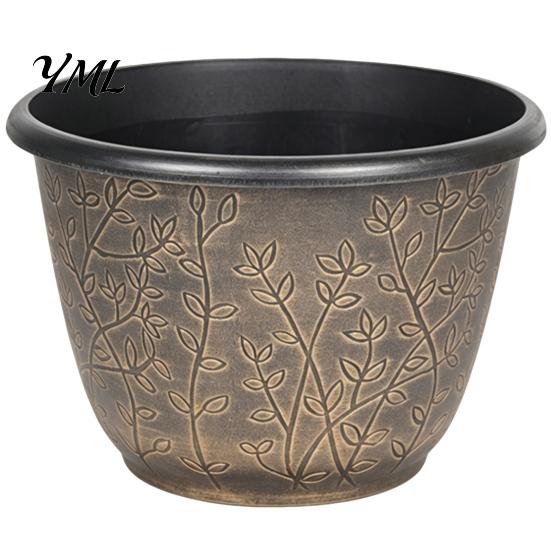 Retro Embossed Plant Pots 12 Inch Thickened Flower for Outdoor Indoor, Plastic Leaf-Pattern Texture Decorative Courtyard Planter with Drainage Hole &