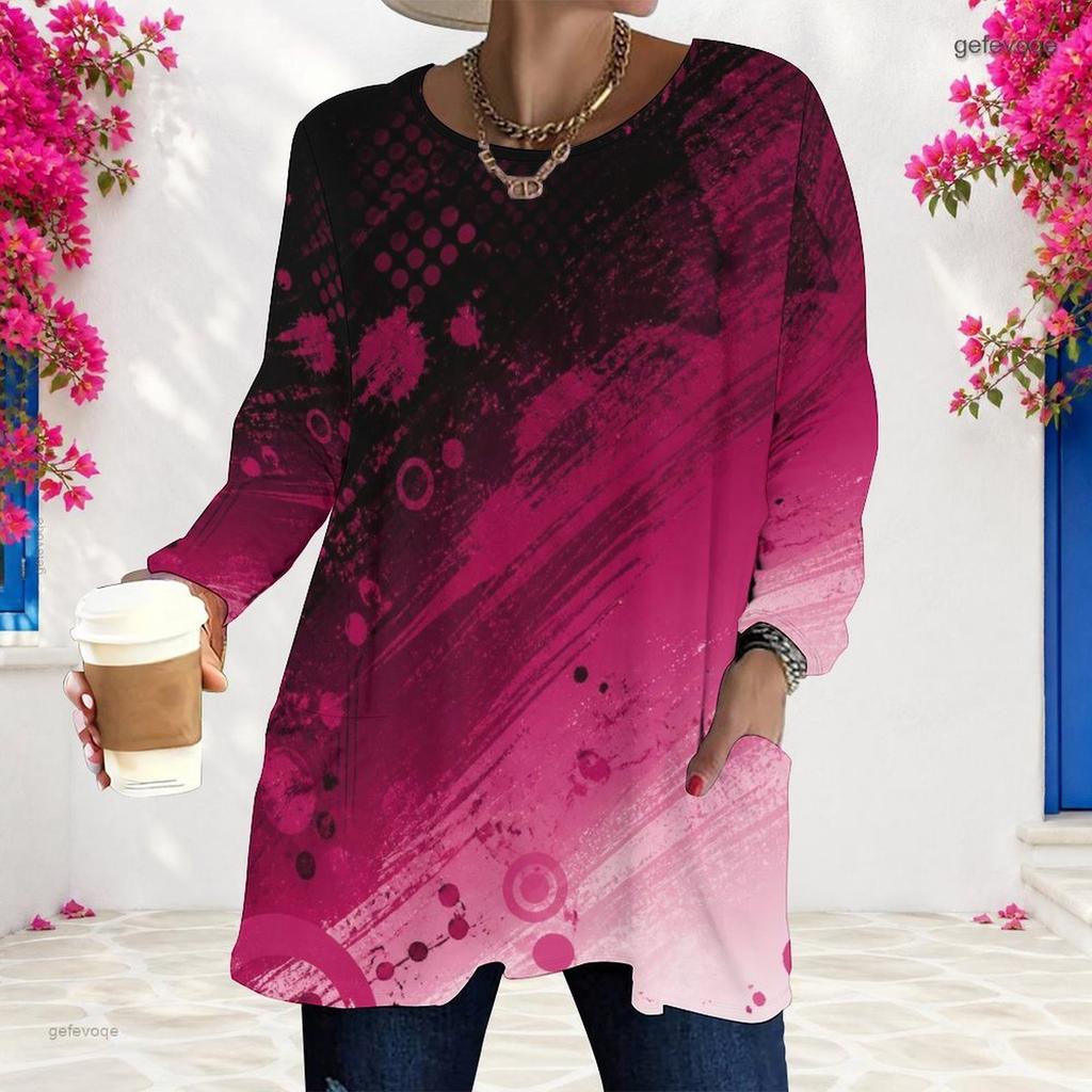 Women Plus Size Round Neck Long Sleeve Abstract Printed Red Black Loose Longline T Shirt With Pockets