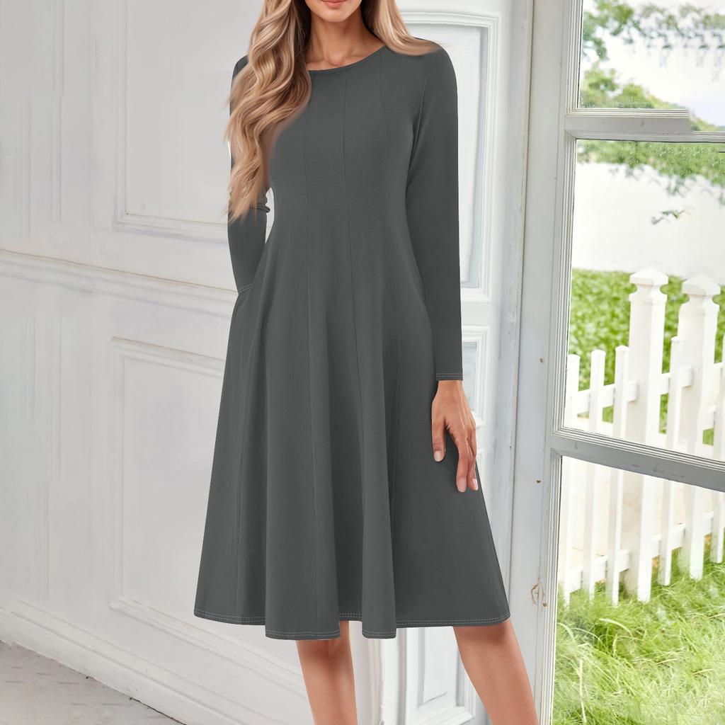 Damen Freizeitmode Rundhals Langarm Farbe Midi Kleid
