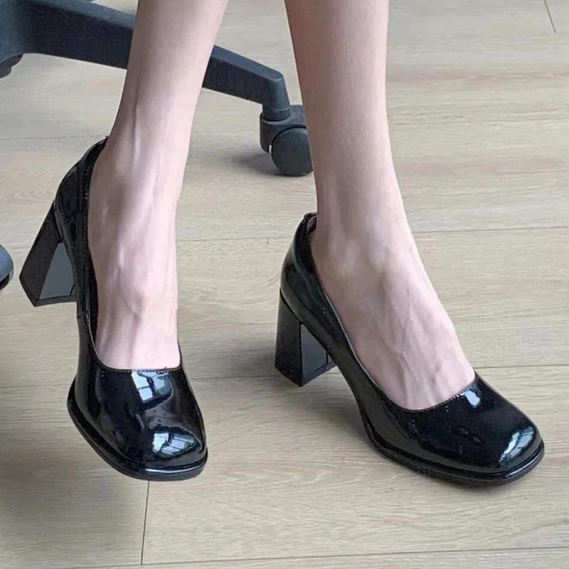 Fashion Patent Leather Women Pumps Shoes 2025 Elegan Office Black High Heels Shoes Woman Shallow Mouth Square Toe Pumps Female Heels