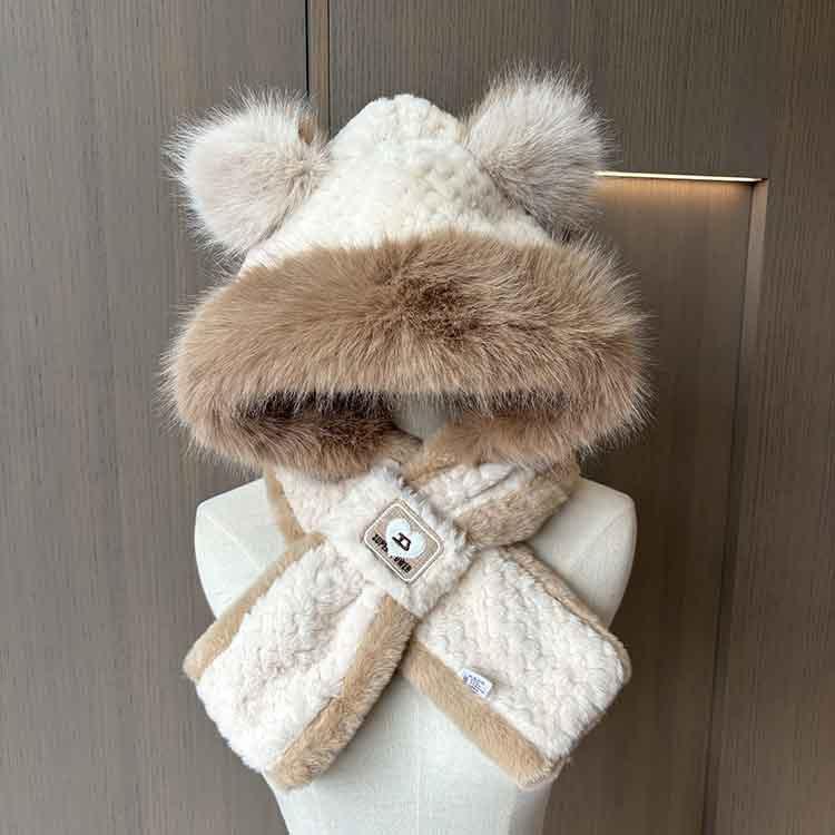 Winter New Bear Ears Women's Hat Scarf Integrated Two-piece Set Cute Plush Color Matching Student Cycling Ear Hat
