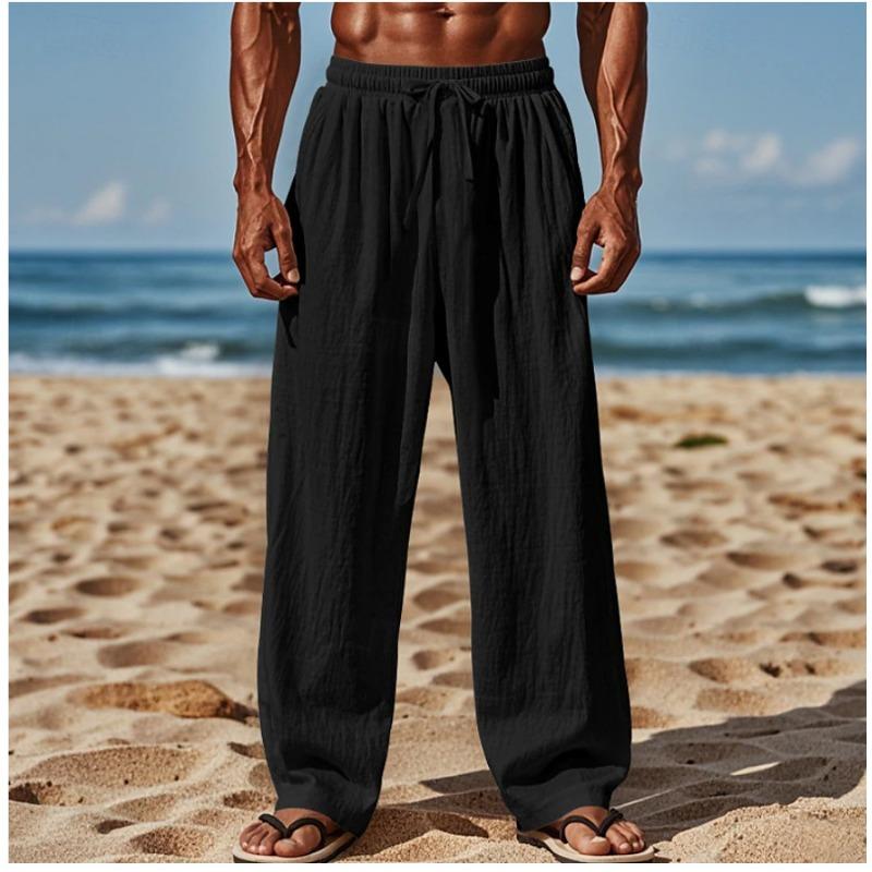 Beach Pants Cross-border Cotton and Linen Casual Trousers Amazon Men's Solid Color Drawstring Elastic Waist Daily Casual Breathability