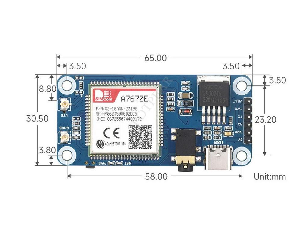 Rozšiřující deska Raspberry Pi A7670E: Síť LTE Cat-1/2G s podporou GSM/GPRS/GNSS