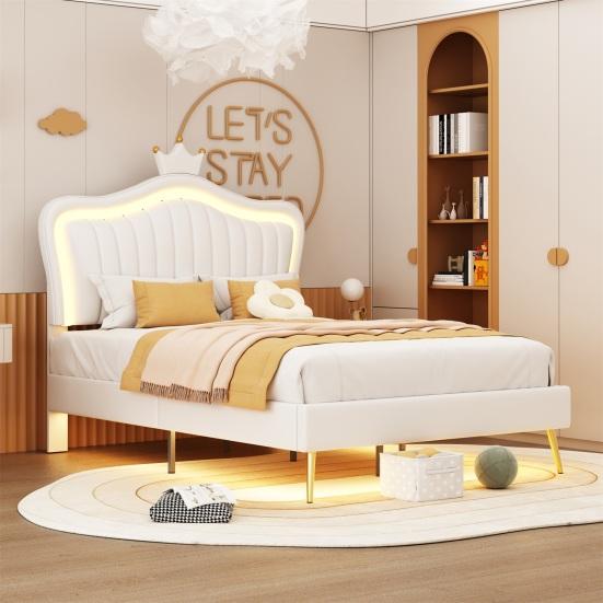 Single Bed Crown Shape Children with Headboard LED Light Heavy Princess Duty Strong Carrying Capacity Girl Bedroom Furniture Upholstered