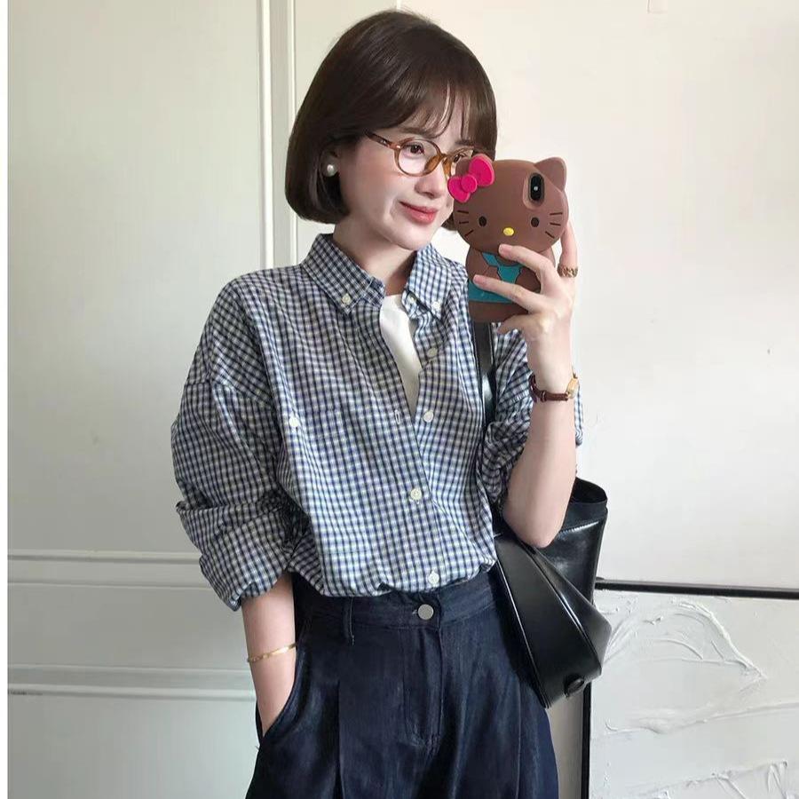 Spring and Autumn New Blue and White Plaid Long Sleeve Shirt Women's College Style Loose Casual Shirt Stacked Jacket Top