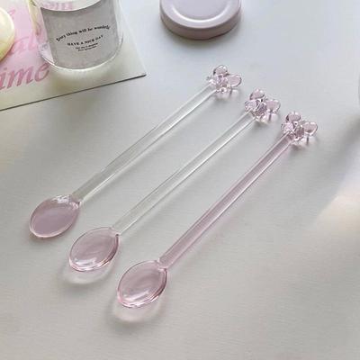 Pink Bow Glass Coffee Spoon, Long-Handled Dessert/Milk Tea Stirring Spoon, Heat-Resistant Teaspoon, Household Kitchen Tool.