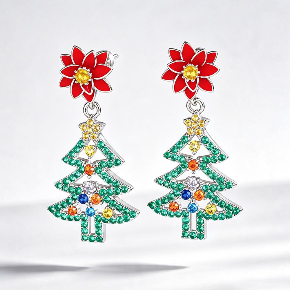 New Christmas earrings for women, colorful dopamine flower jewelry, Christmas wind hollowed out Christmas tree