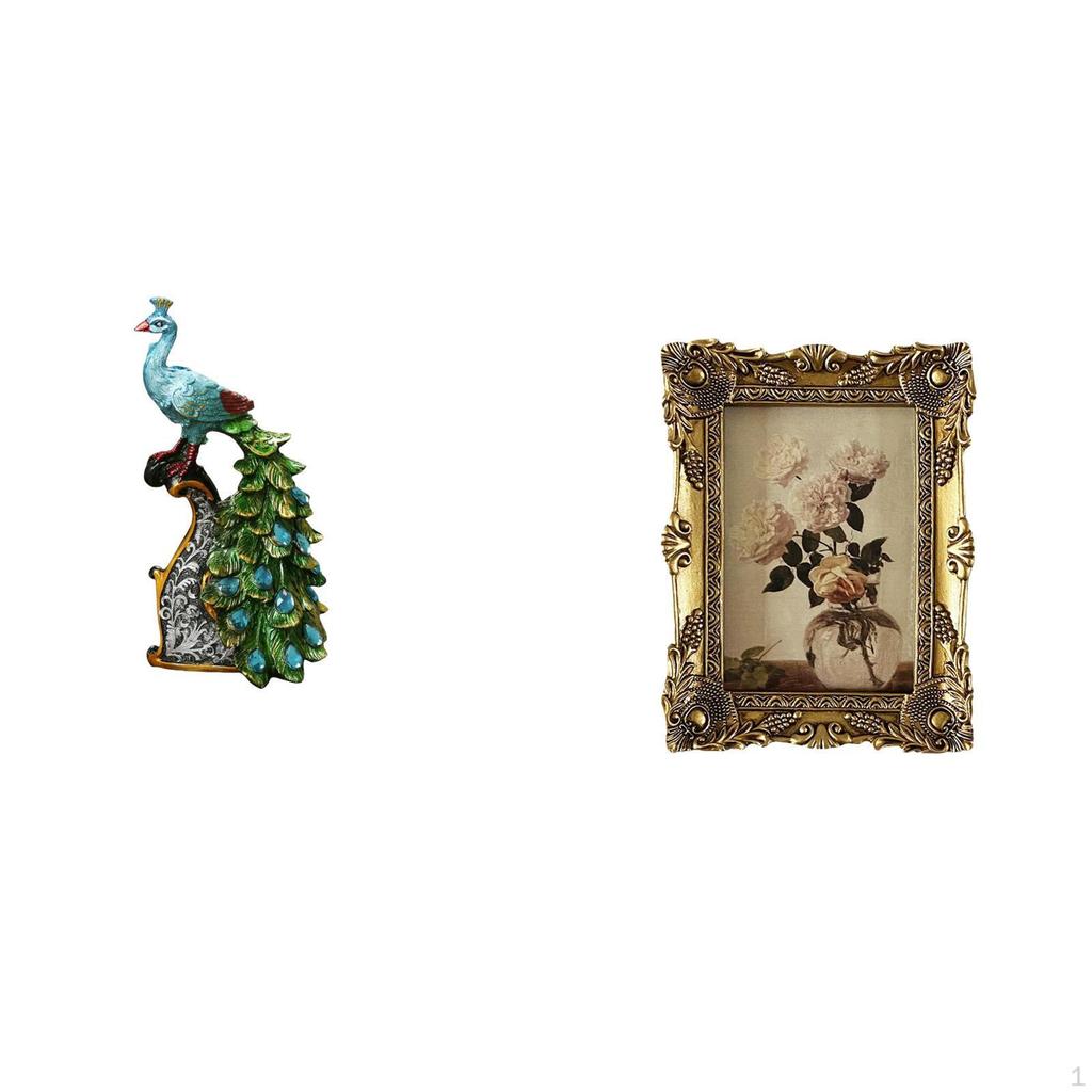 Elegante Pfau-Tier-Skulptur und verzierte Vintage-Harz-Fotorahmen-Kollektion für Schlafzimmer, Büro
