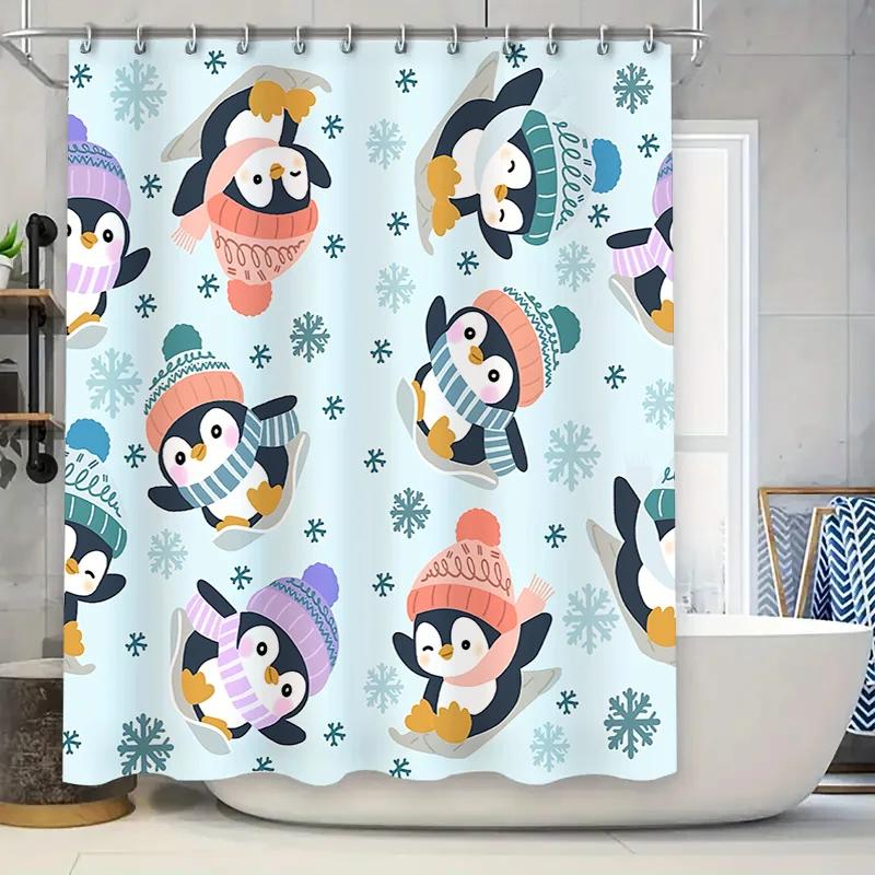Cute Penguin Pattern Shower Curtain For Kids And Families Waterproof And Durable Bathroom Decor With Snowflake Design Easy-Clean