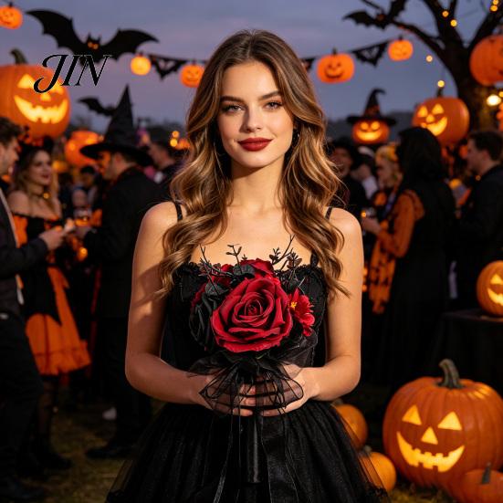 Spooky Wedding Bouquet Gothic Bride Bouquet, Artificial Black Red Rose Flower Party Floral Centerpiece with Skeleton Hand Pumpkin Skull for