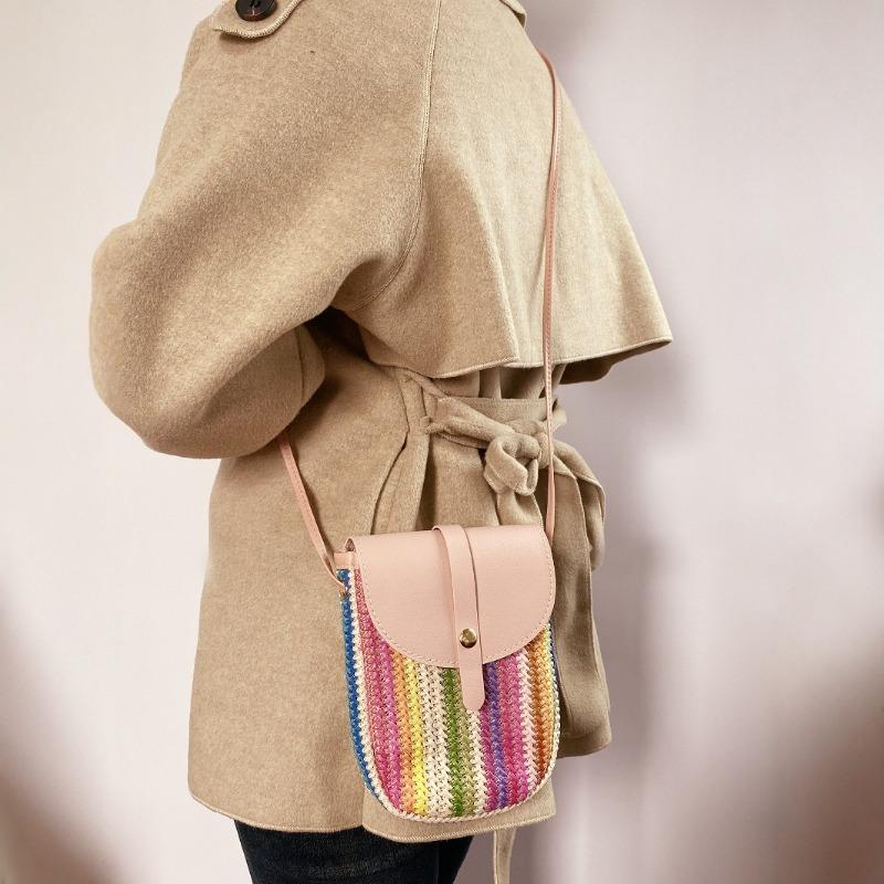 Straw Mobile Phone Bag Women's New Trendy Niche Design Woven Rainbow Strip Versatile Shoulder Bag Crossbody Women's Bag