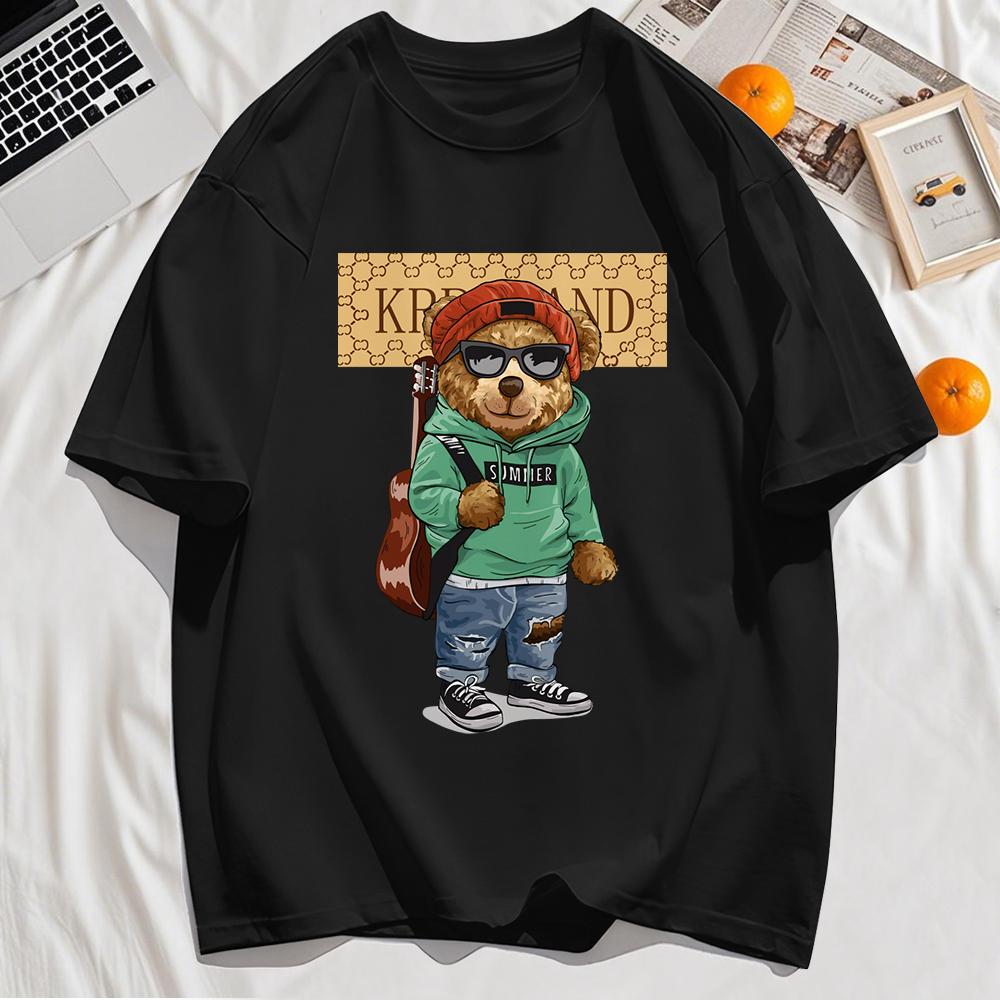 Fashionable Teddy Bear Print Mens T-Shirts Cotton Hip Hop Short Sleeve Oversized Sports Clothes Summer Street T Shirts