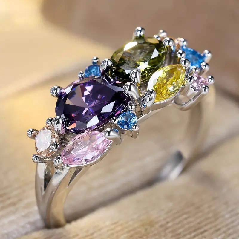 Exquisite Shining Colorful Inlaid Zirconia Ring, Women's Fashion Light Luxury Temperament Wedding Banquet Jewelry Accessories