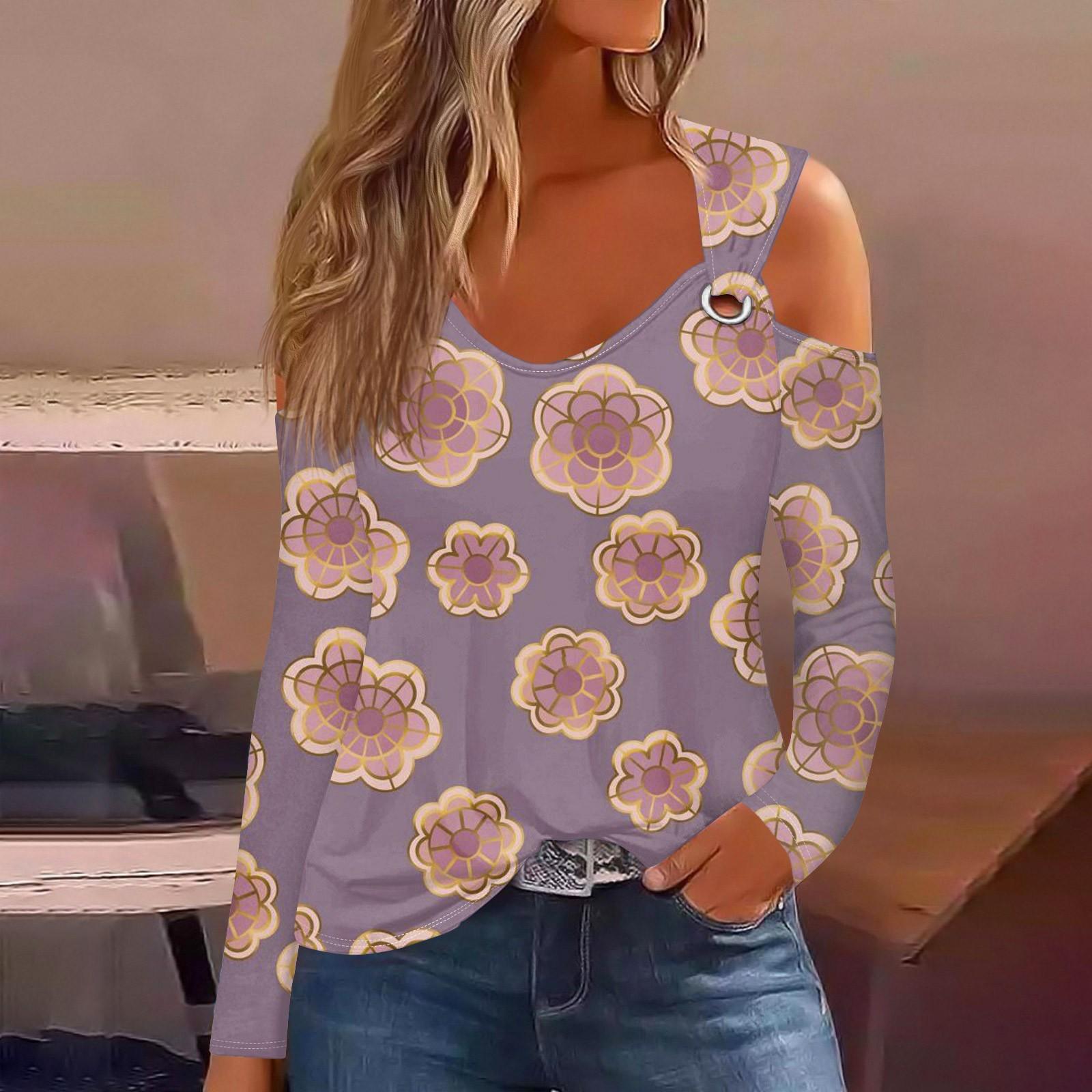

Женская модная повседневная футболка с цветочным принтом и V-образным вырезом, длинным рукавом, на пуговицах, с открытыми плечами XXXL фиолетовый
