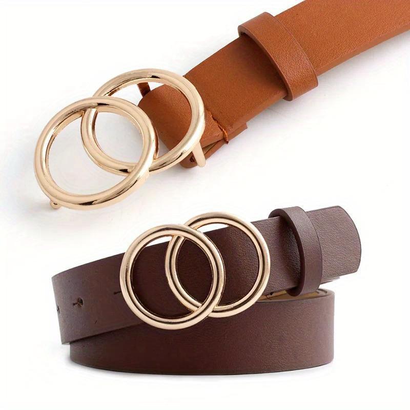 Double Loop Buckle Design Belt Casual Jeans Dress Women's Leather Black Brown Adjustable Belt