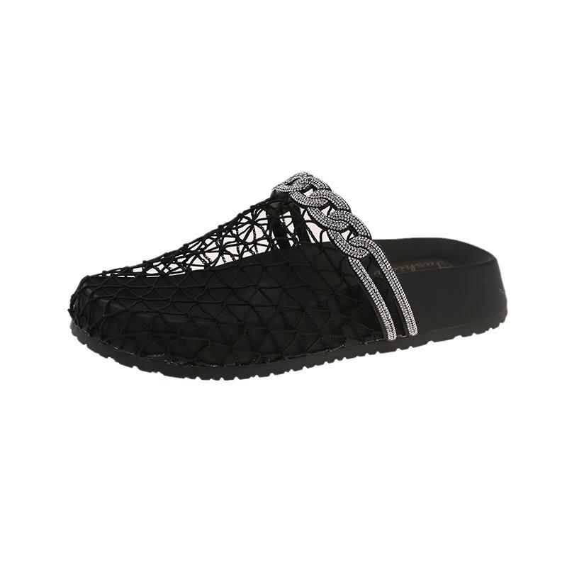Retro woven fishing net cool slippers women's outer wear 2025 summer new rhinestone thick bottom word with bag head half slippers