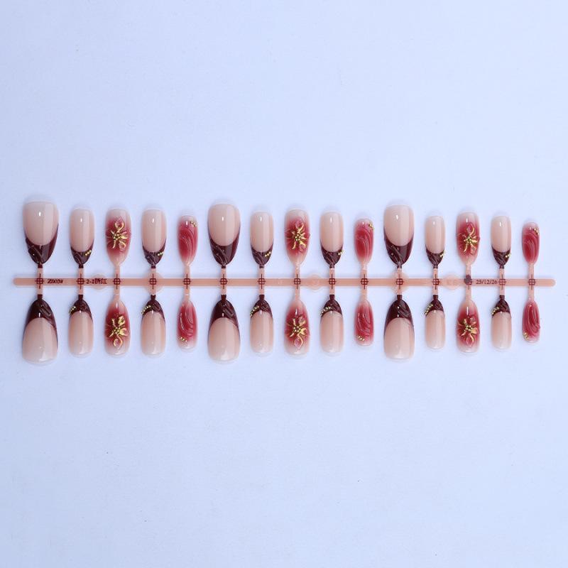30 Pieces of Hot-selling Almond Boutique 3d Three-dimensional Gradual Change Flower Gilt Wearing Nail Advanced Red French Manicure
