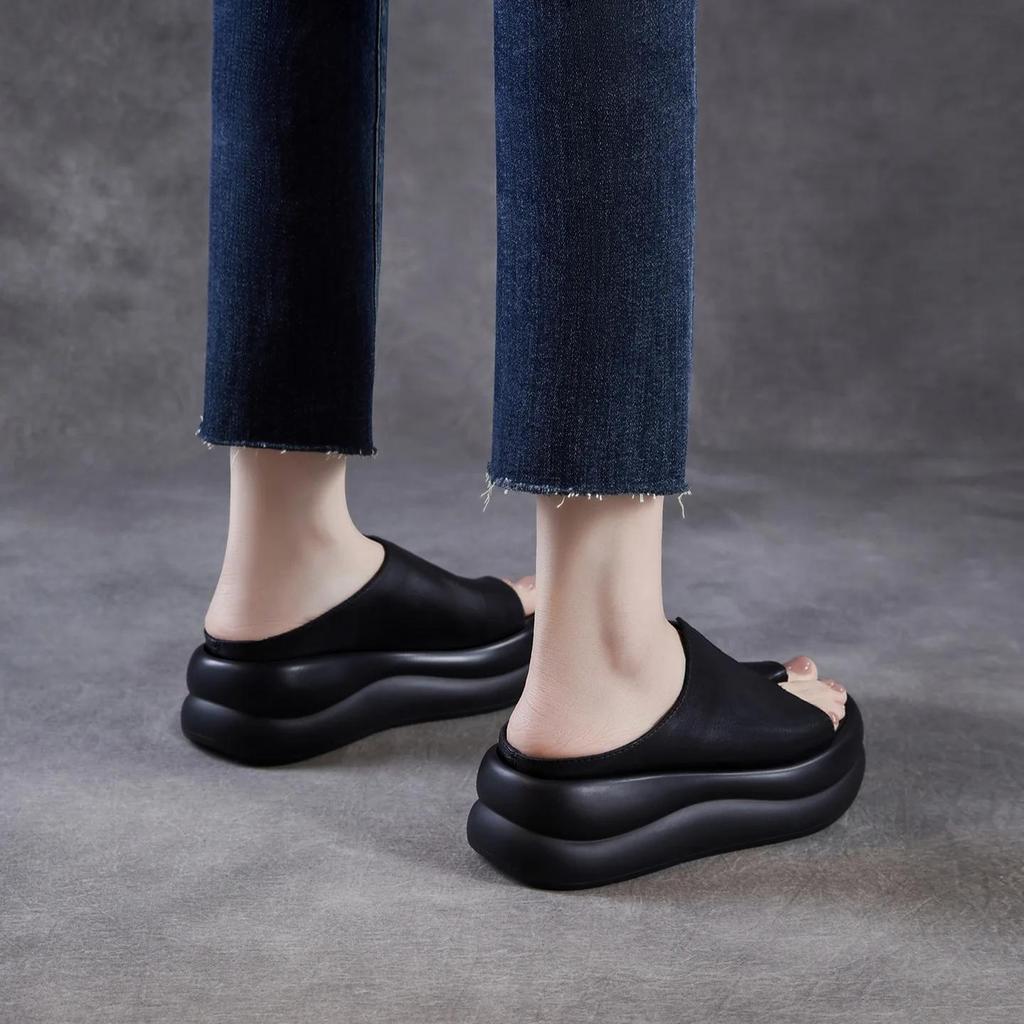 Johnature Ciabatte Zeppa Donna Suola Spessa Vera Pelle Comode Retro Sandali da Esterno