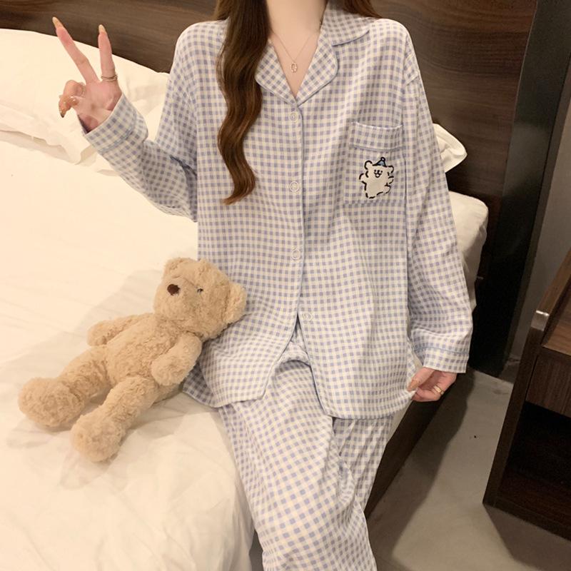 Girls Line Puppy Plaid Pajamas Women'S Cloud Cotton Thin Long Sleeve Suit Loungewear