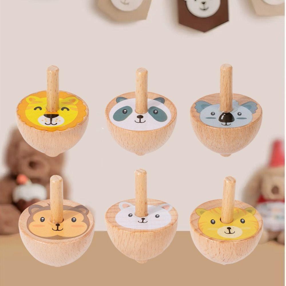 6 Stück/Set Naturholz Drehkreisel Spielzeug Cartoon Tier Holzkreisel Set Kinder