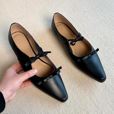 Sheepskin~ Black Single Shoes Women's Pointed Head Shallow Mouth Bow Genuine Leather Shoes Flat Shoes Women's Low Heel Mary Jane Shoes Women's
