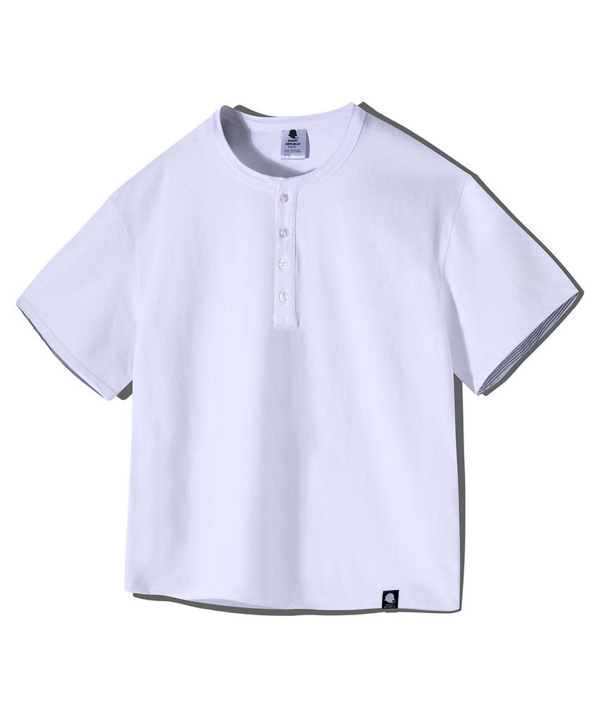 GHOST REPUBLIC Crop Stripe Color Block Roll-Up Henley Neck Short Sleeve T-Shirt Gt-393_White