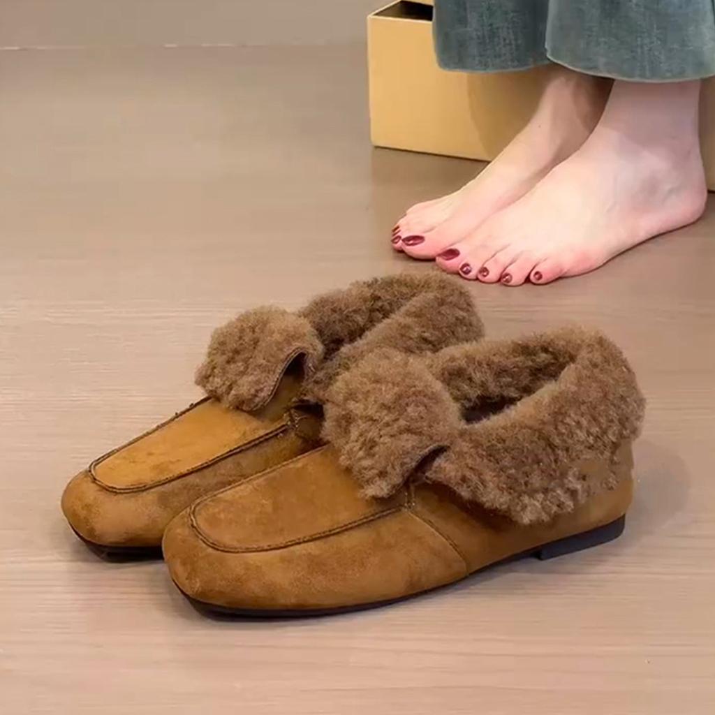 Winter retro suede square head loafers, women's one-pedal flip and fleece outer single shoes