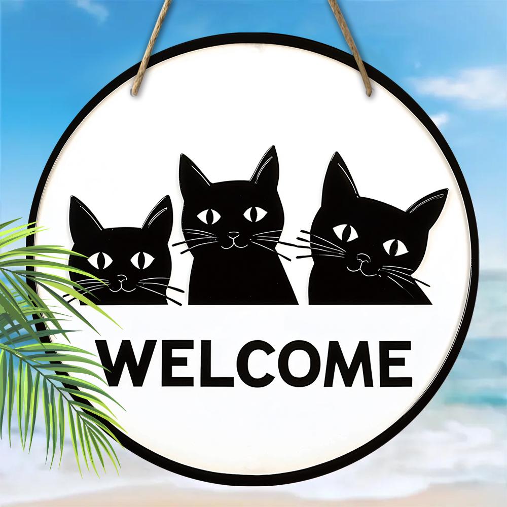 Placa decorativa de madeira para pendurar, placas de boas-vindas, O padrão são três gatos fofos, decoração para interior ou jardim, pingente plano 2D, presentes de boas-vindas para amigos