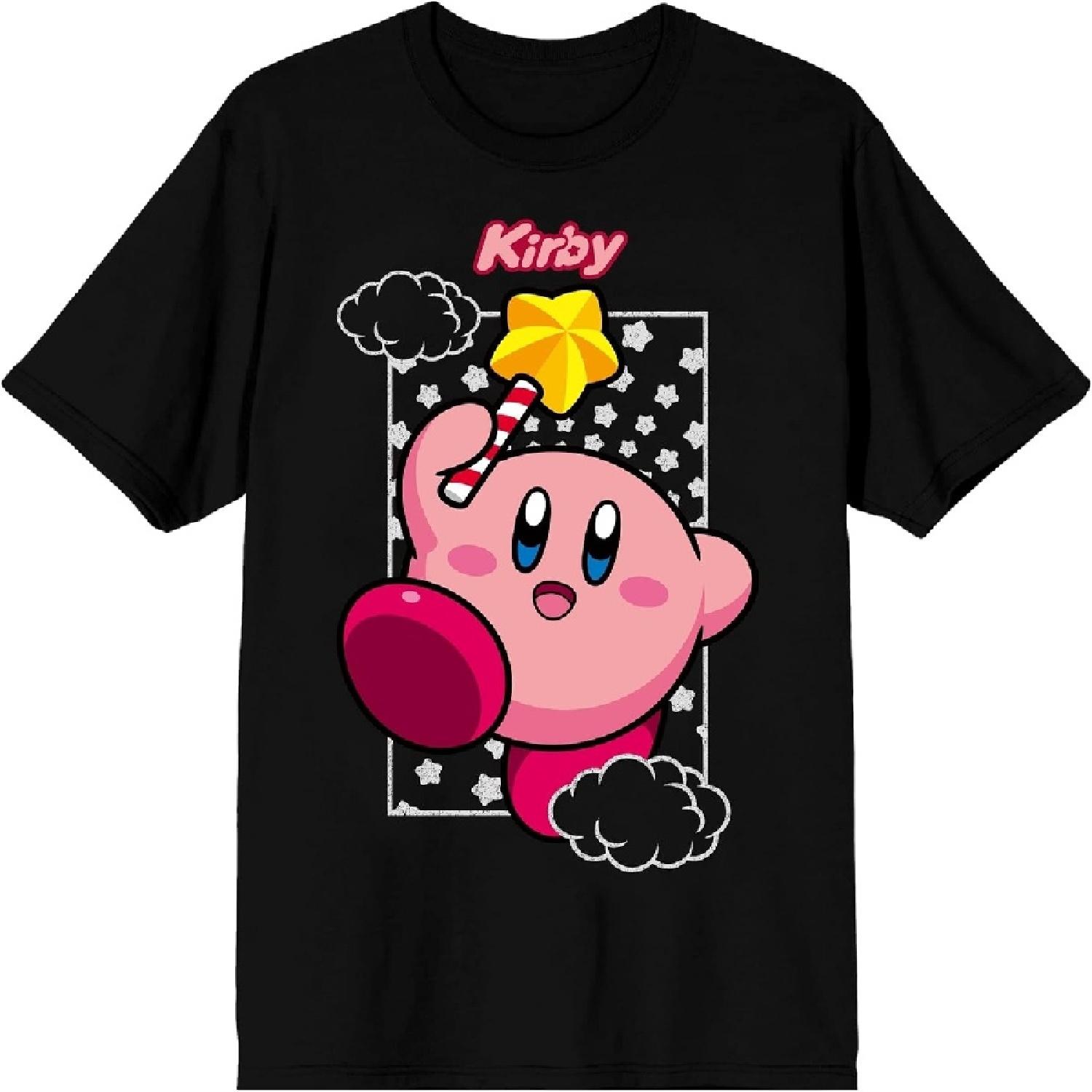 Kirby Character with Stars Pattern Men s Black Graphic Tee S