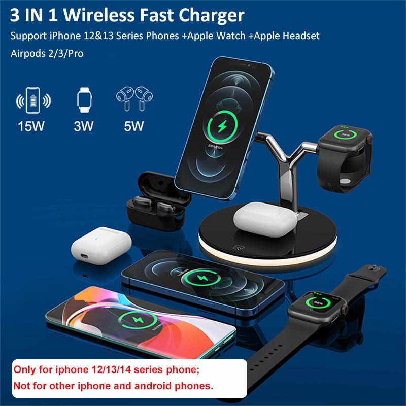 3 In 1 Magnetic Wireless Charger Stand With Lamp For iPhone 12 13 14 Mini Pro Max/Apple Watch 15W Fast Charging Dock Station For Airpods Pro