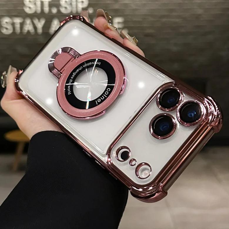 Luxusní pozlacený stojánek Magnetické pouzdro Pro iPhone 17 Air 16 15 14 13 12 11 Pro Max Fólie na objektiv Průhledný držák Průhledný zadní kryt