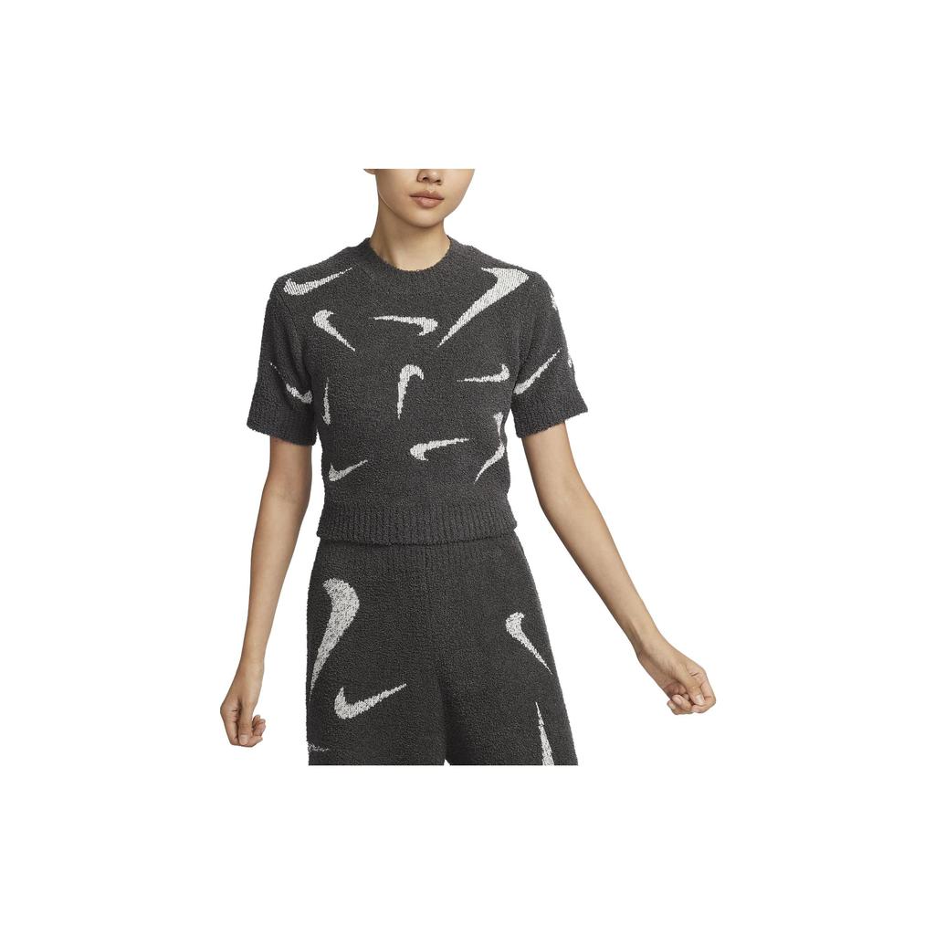 Nike Sportbekleidung Phoenix Cozy Bouclé Bedrucktes Kurzarm-T-Shirt Mode Lässig Strick Rundhals Damen T-Shirts Grau FD4287-254