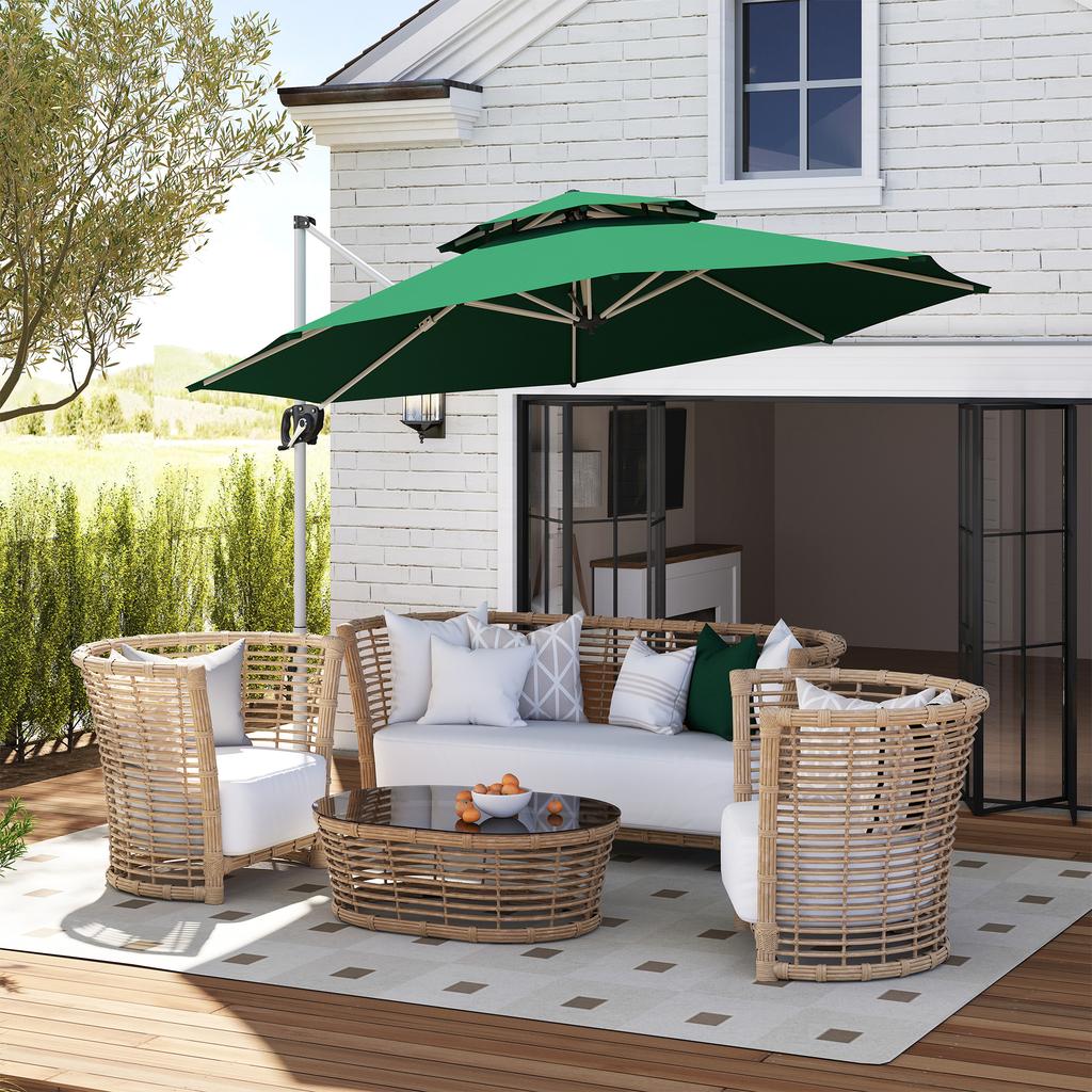 Offset Parasol, Ø292 cm, Crank, 360° Rotation, Adjustable Tilt, Double Roof, Cross Base, Dark Green
