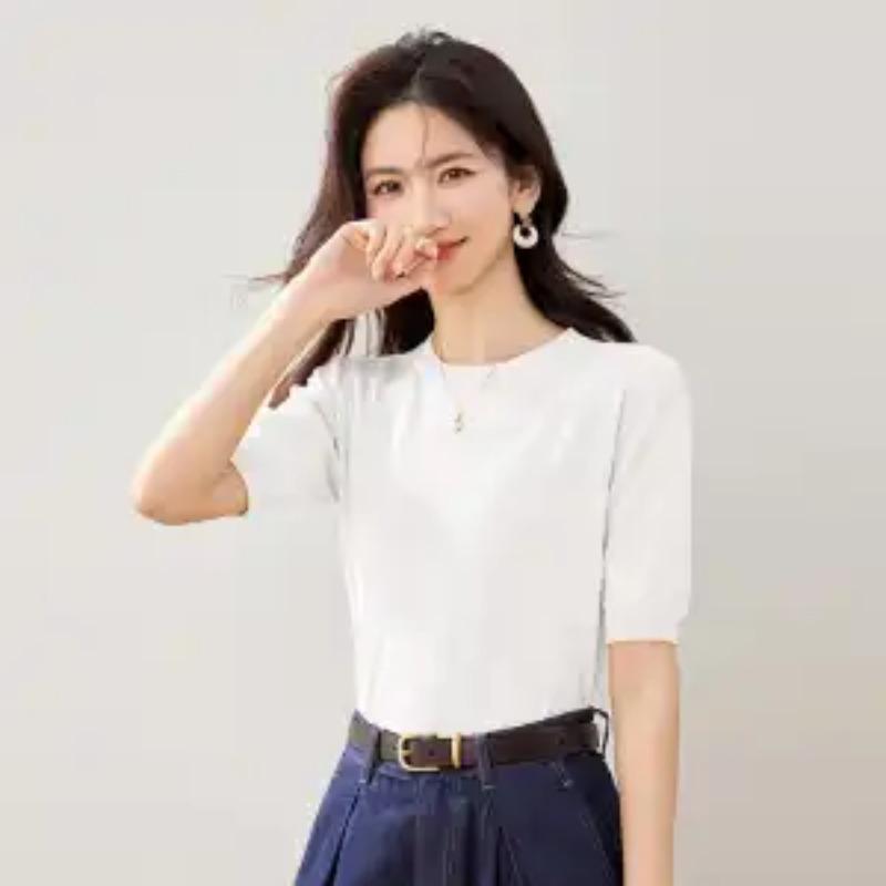 

Women Black Knit Top Crew Neck Half Sleeve Slim Fit Casual T Shirt S белый