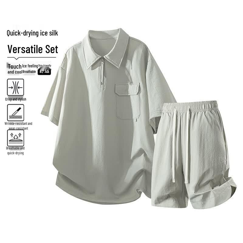 MEDE Men s Ice Silk Half-Zip Polo Sport Set 3XL