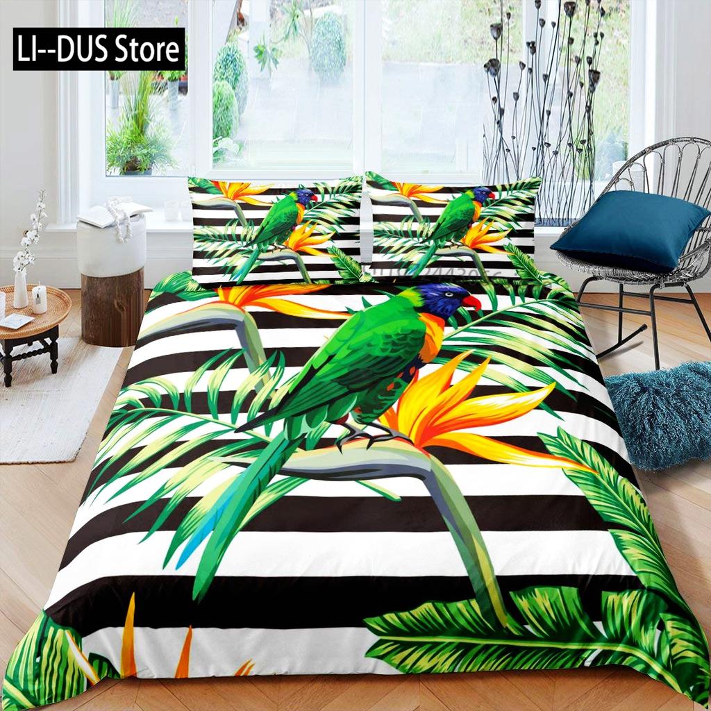 Tropical Leaves and Parrot Birds 3 Piece Bedding Set with Soft Duvet Cover and 2 Pillow Shams Printed Decoration for All Seasons