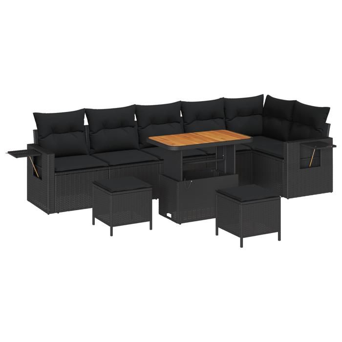 VidaXL Ensemble de Canapé de Jardin 9 Pièces avec Coussins en Poly Rattan Noir Acacia 3361764