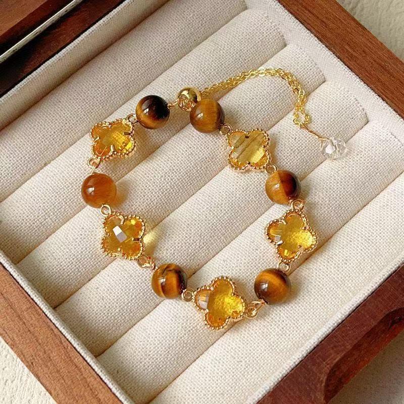 Natural Amethyst Citrine Clear Quartz Rose Four Leaf Clover Charm Bracelet Women 2025 Floral Style