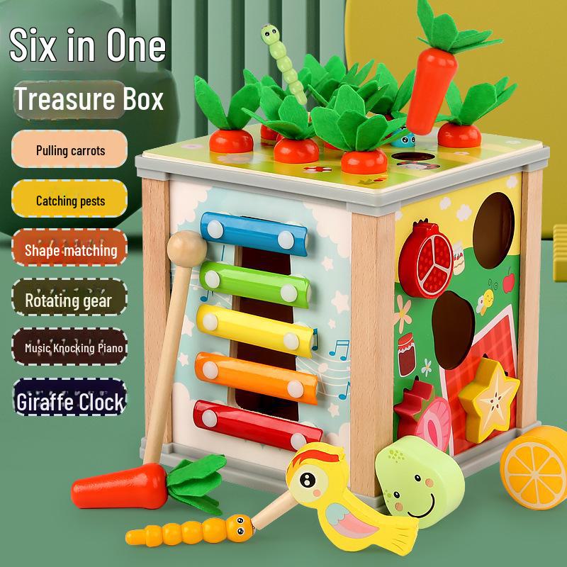 

Детский многофункциональный деревянный ящик для игр: Вытягивание морковки, ловля насекомых, сопоставление фигур и музыкальная игрушка-пианино