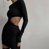 Abito Mini Bodycon da Donna Autunno Slim Fit Manica Lunga Tinta Unita Taglio Catena Vestiti