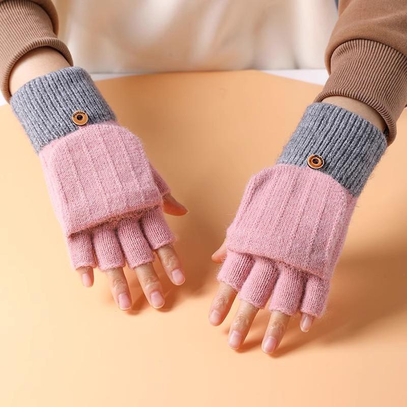Gants d'hiver tricotés demi-doigts pour femmes avec rabat mignon - Laine de velours chaude, parfaits pour les étudiants qui écrivent.