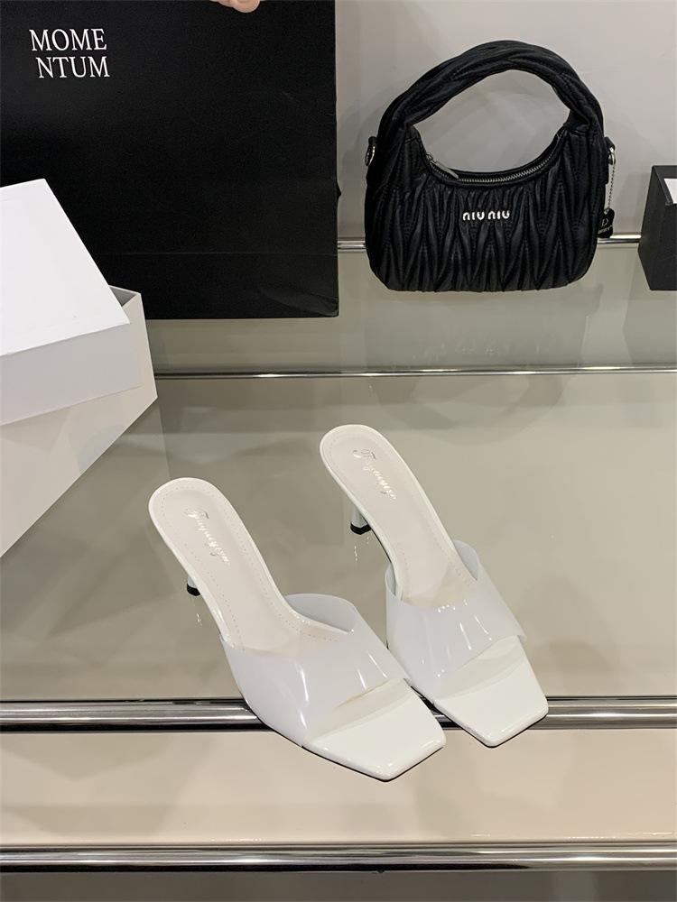 

High-heeled cool slippers for women s 2025 summer new thin-heeled square-toed open-toed one-word slippers 35