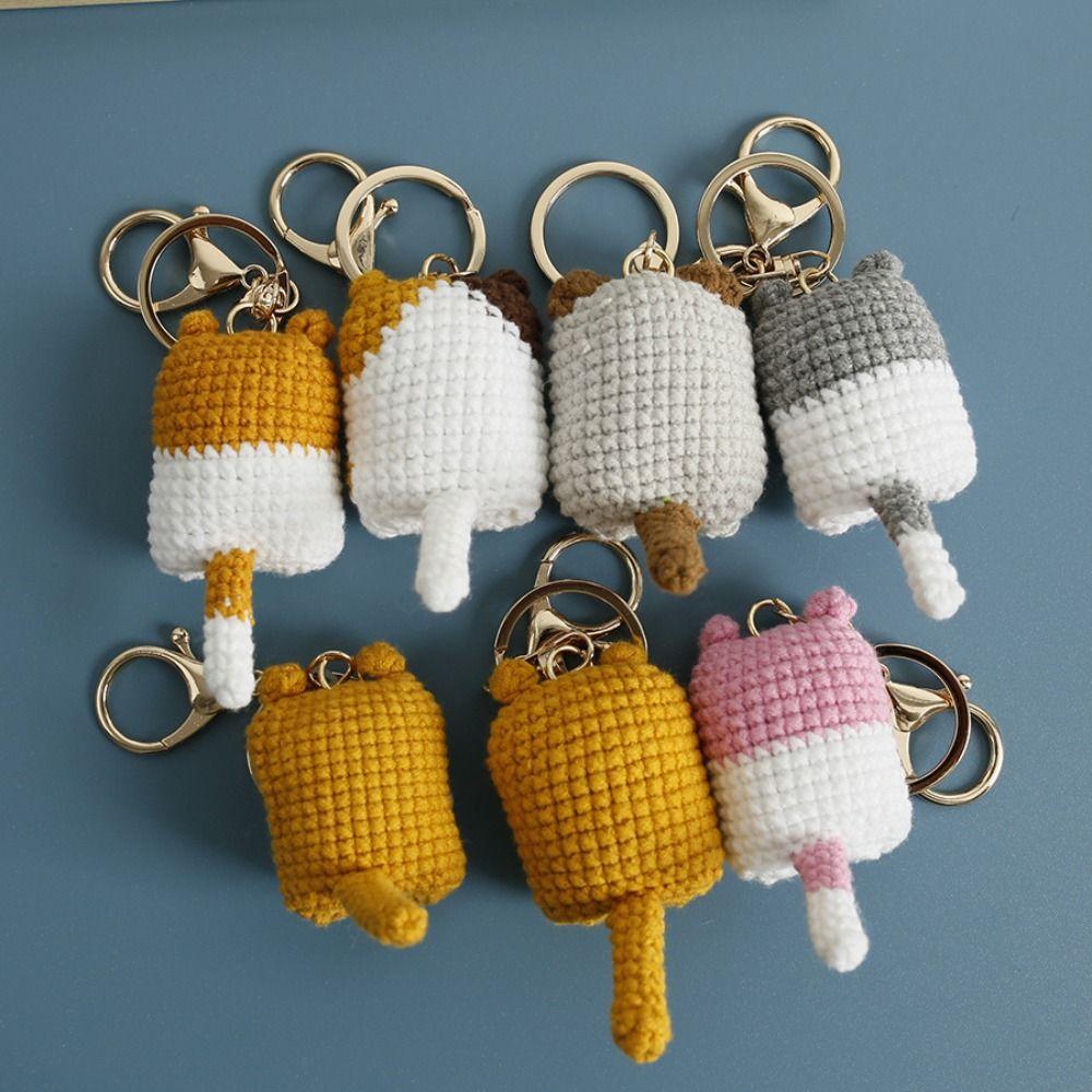 Hand-woven Cute Cat Keyring Crochet Cute Animal Pendant Lovely Exposing Belly Cat Keychain  Gifts