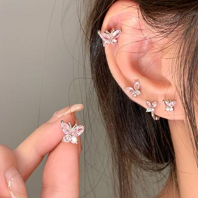 Girly Pink Zircon Butterfly Stud Earrings Female Gentle Sweet Cute Fashion Trend Temperament Versatile Earrings