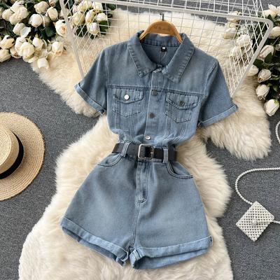 Women's Workwear One-piece Denim Suit, Stylish And Elegant High-waist Wide-leg Shorts