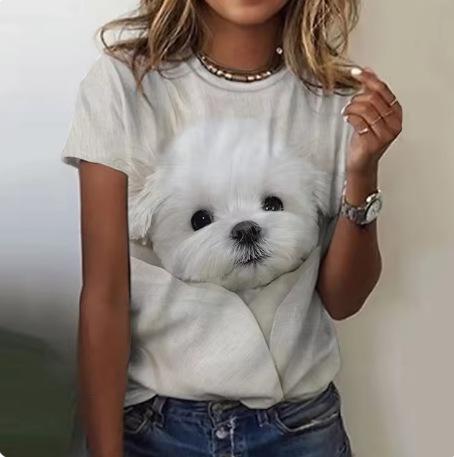 2024 New Women's T-Shirt Cute Puppy Pattern Printed Women's T-Shirt Extra Large Size T-Shirt Summer Ladies