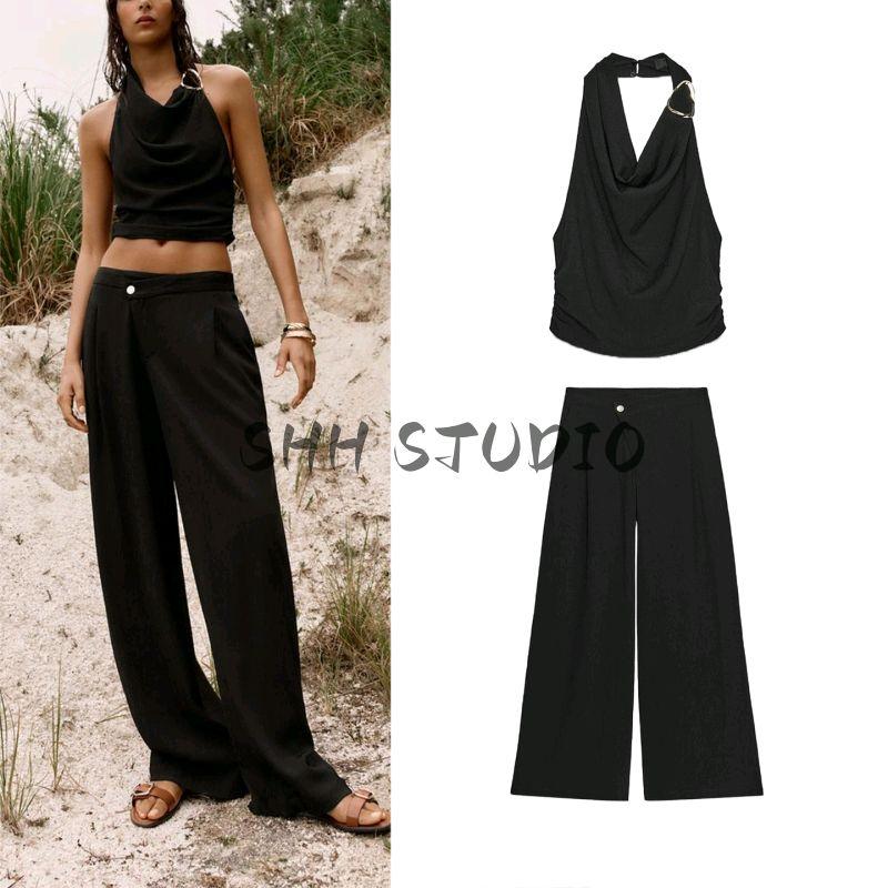 Hanging Collar Sleeveless Elegant Tops 3564127 Cross Waist Wide Leg Comfort and Casual Pants 3564128