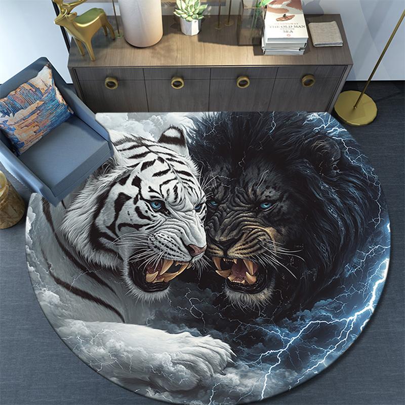 Yin Yang Tiger Lion Round Area Rug,Carpet Rug for Living Room Bedroom Sofa Playroom Decor,Non-slip Floor Mat